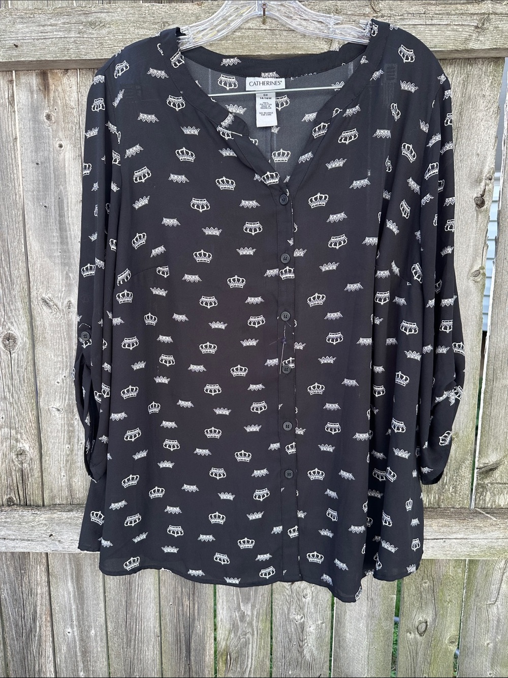 Catherines Black Button-Down Shirt with White Crown Print